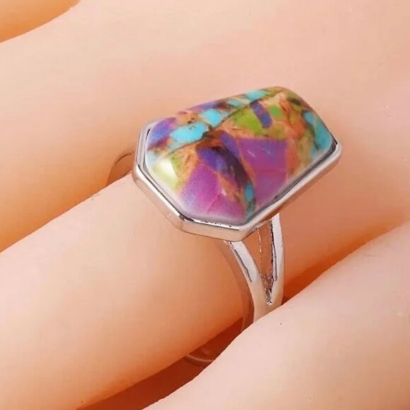 Women's Colorful Bohemian Tie-Dye Ring in a Coffin Cut Silver Split Setting - Picture 2 of 5